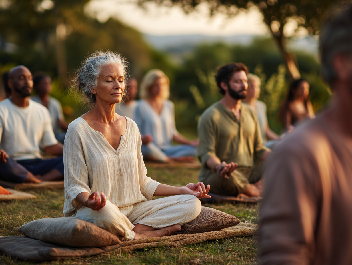 Hlavná jógová sála s ľuďmi rôzneho veku praktizujúcimi jógu
